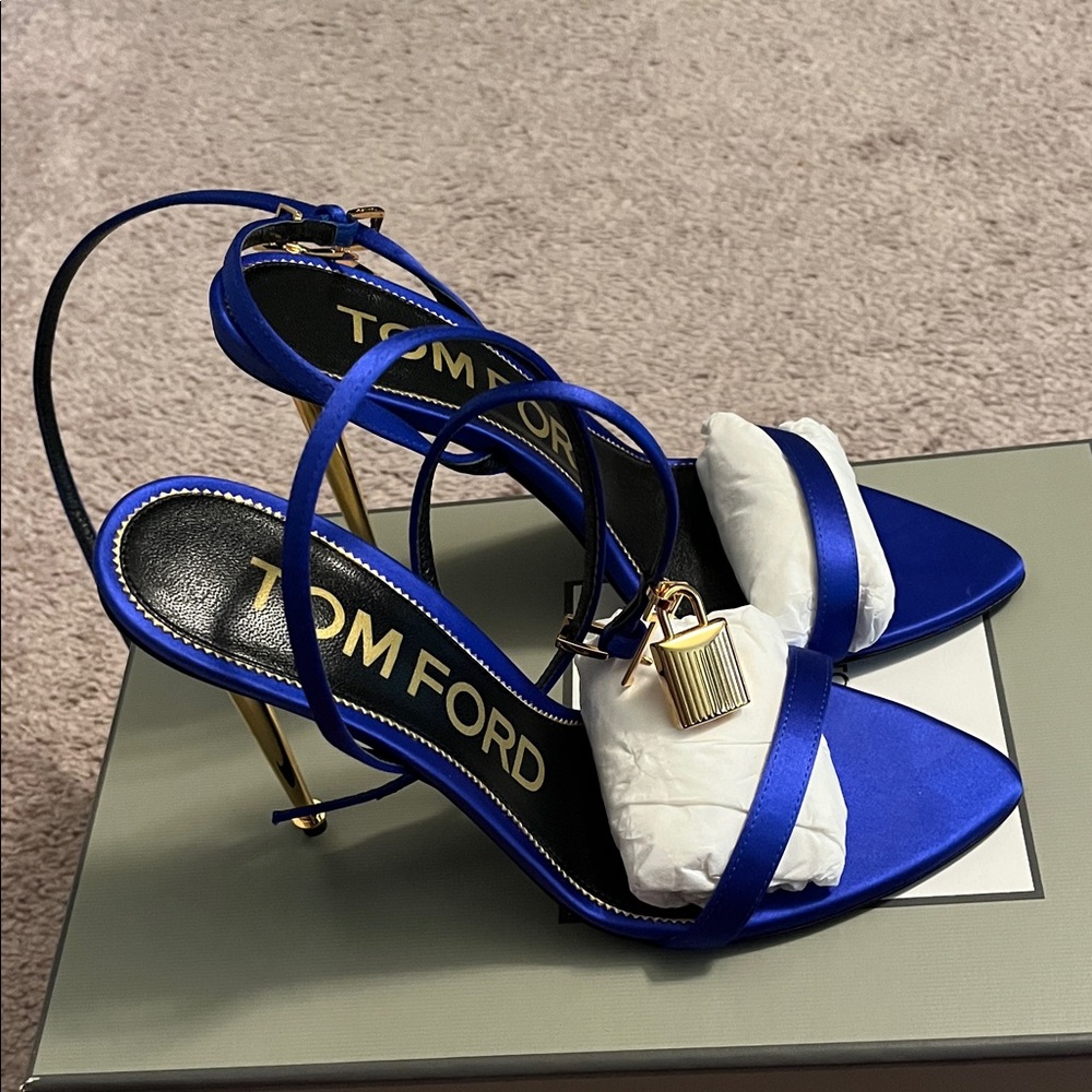 Tom Ford Royal Blue Strappy Heels with Gold Accents